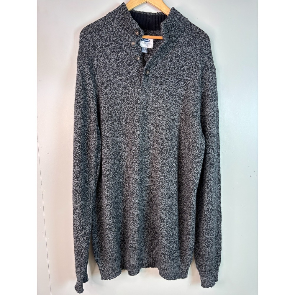 Old Navy Sweater Men's XL Tall Gray Black Henley Button Collar Cotton Pullover